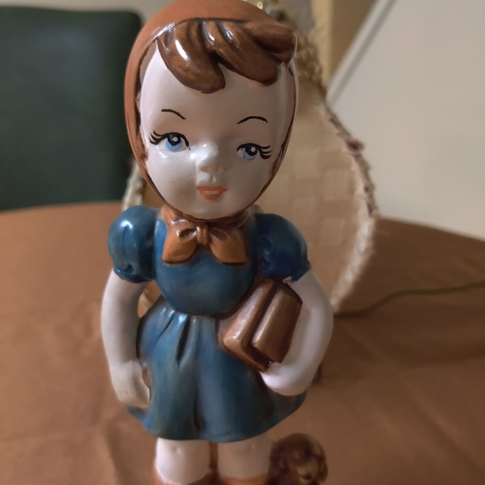Vintage Hummel Like Figurine Girl In A Blue Dress Holding A Book With Her Dog.